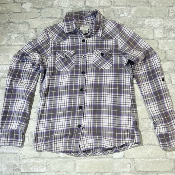 O'neill Women XL Soft Flannel Button Up Shirt Purple and Gray Plaid Roll Sleeve - Picture 9 of 9